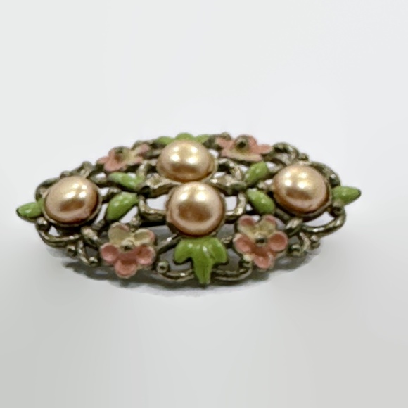 Flower Brooch, Enamel, Floral, Faux Pearls, Peach, Gold, Art Deco, 20s, Vintage - Picture 3 of 5